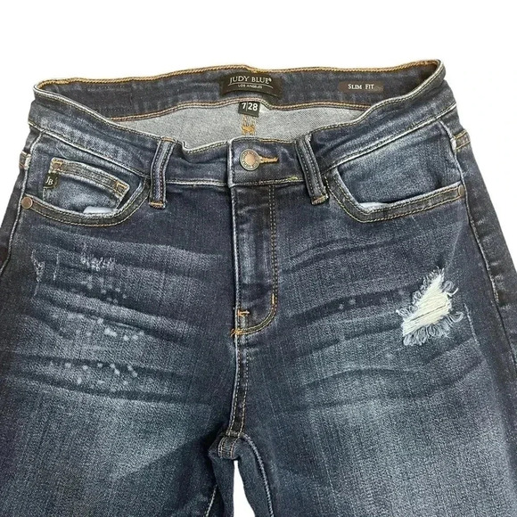 Judy Blue Skinny Fit JB82104DK Dark Wash Light Distressed Jeans Womens size 7/28 - Picture 6 of 16